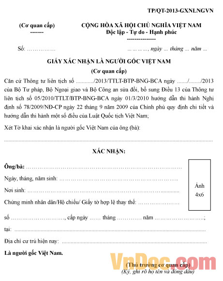 Mẫu số TP/QT-2013-GXNLNGVN - Giấy xác nhận là người gốc Việt Nam