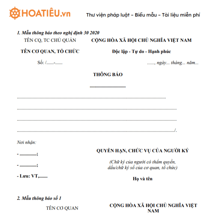 Mẫu thông báo mới nhất