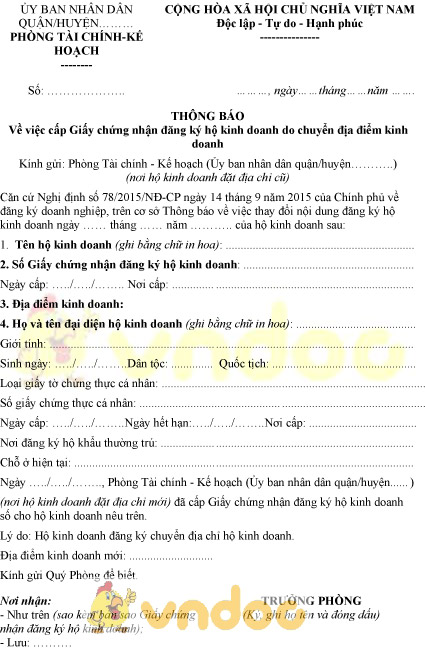 Mẫu thông báo cấp giấy chứng nhận đăng ký hộ kinh doanh