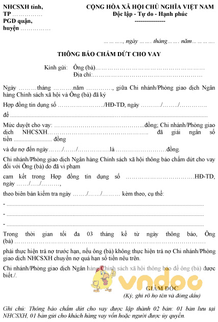 Mẫu thông báo chấm dứt cho vay