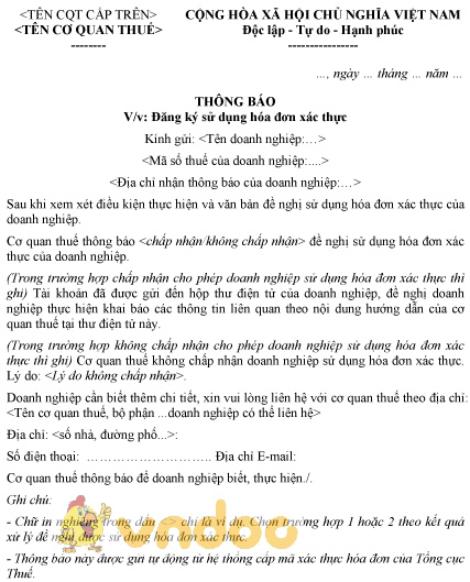 Mẫu thông báo đăng ký sử dụng hóa đơn xác thực