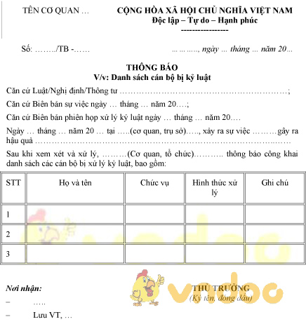 Mẫu thông báo danh sách cán bộ bị kỷ luật