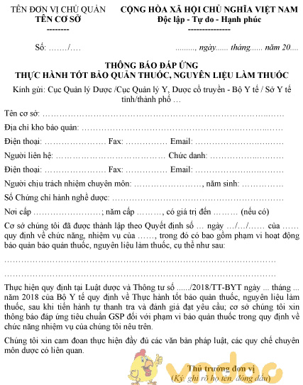 Mẫu thông báo đáp ứng thực hành tốt bảo quản thuốc, nguyên liệu làm thuốc