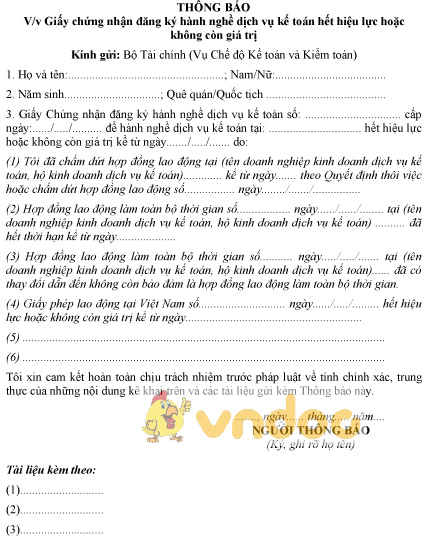 Mẫu thông báo GCN đăng ký hành nghề dịch vụ kế toán hết hiệu lực hoặc không còn giá trị cho cá nhân
