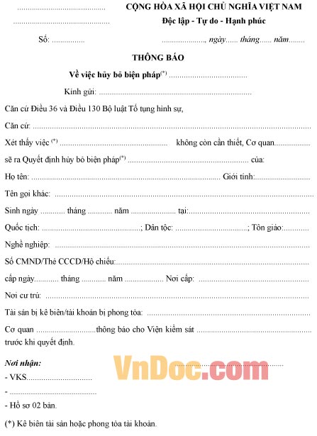 Mẫu thông báo về việc hủy bỏ biện pháp kê biên hoặc phong tỏa