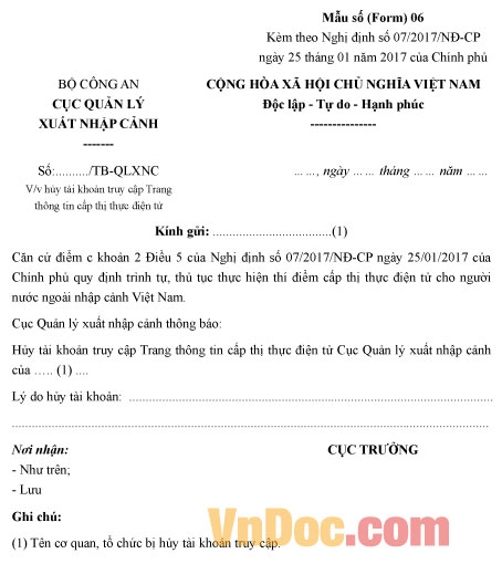 Mẫu thông báo hủy tài khoản truy cập trang thông tin cấp thị thực điện tử