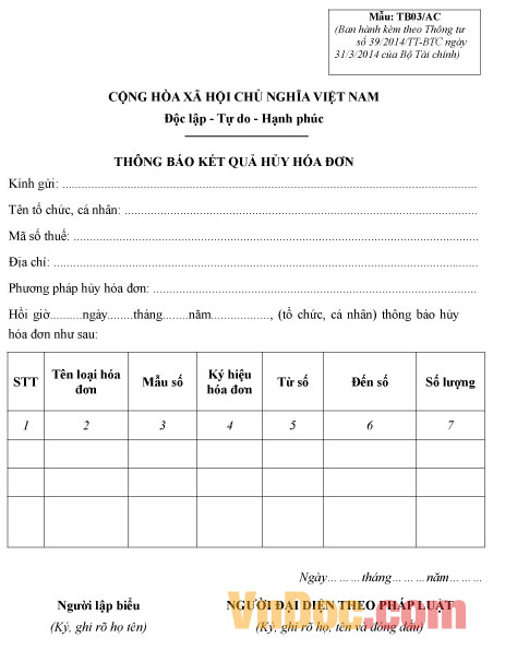 Mẫu TB03/AC: Thông báo kết quả hủy hóa đơn