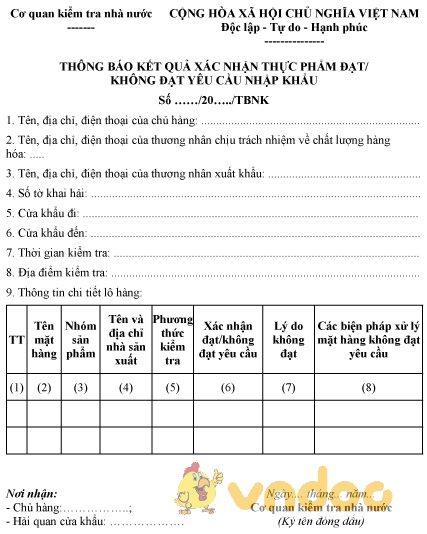 Mẫu thông báo kết quả xác nhận thực phẩm đạt, không đạt yêu cầu nhập khẩu