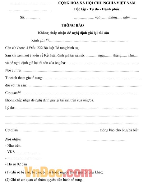 Mẫu thông báo về việc không chấp nhận đề nghị định giá lại tài sản