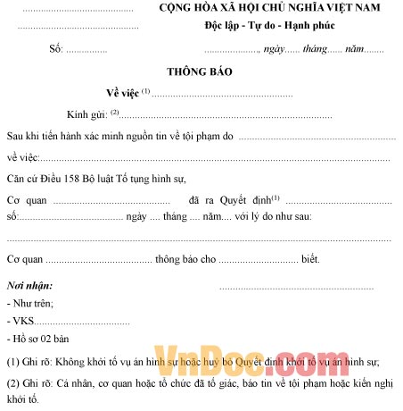 Mẫu thông báo không khởi tố vụ án hình sự hoặc hủy bỏ quyết định khởi tố bị can