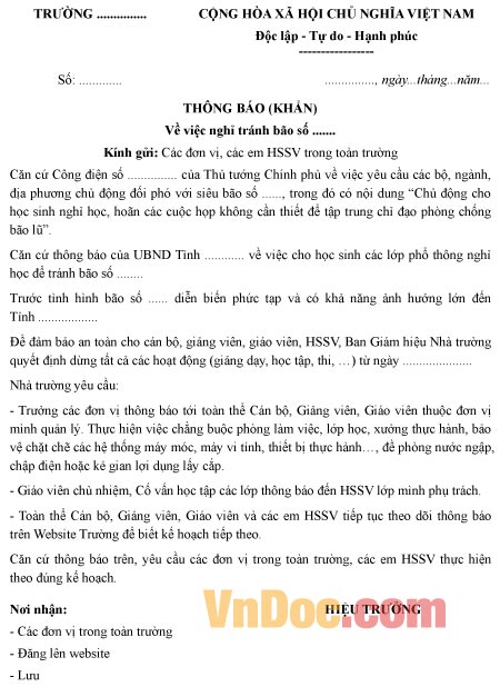 Mẫu thông báo khẩn về việc nghỉ tránh báo