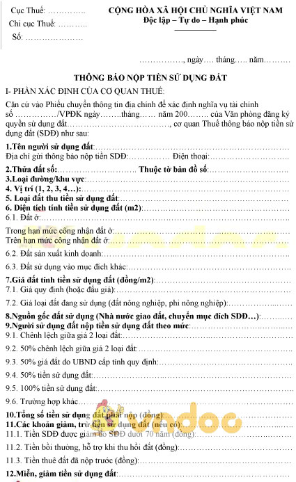 Mẫu thông báo nộp tiền sử dụng đất