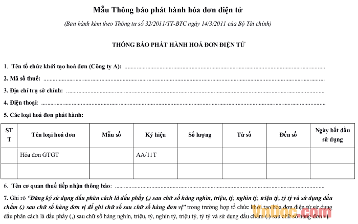 Mẫu Thông báo phát hành hóa đơn điện tử