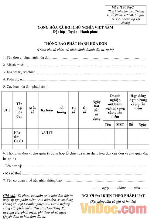 Mẫu thông báo phát hành hóa đơn và quyết định về việc áp dụng hóa đơn tự in