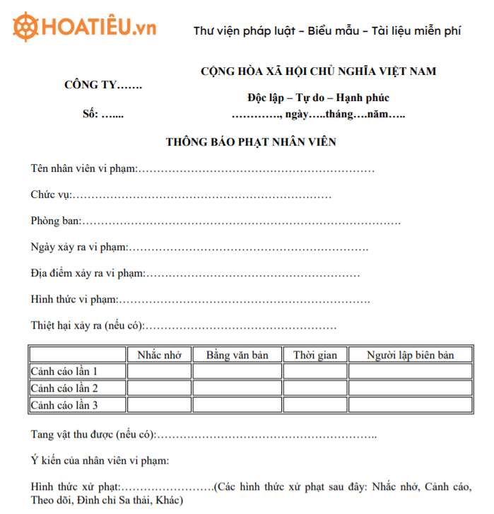 Mẫu thông báo phạt nhân viên