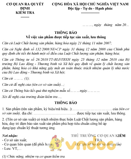Mẫu thông báo sản phẩm được tiếp tục sản xuất, lưu thông