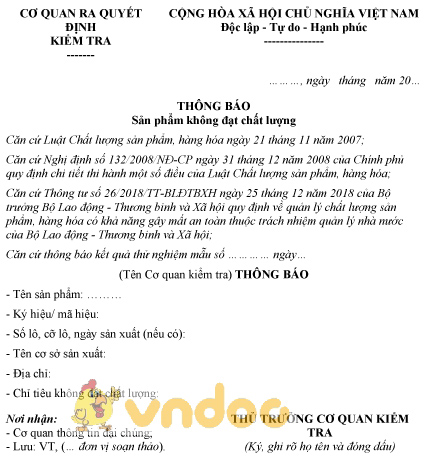 Mẫu thông báo sản phẩm không đạt chất lượng