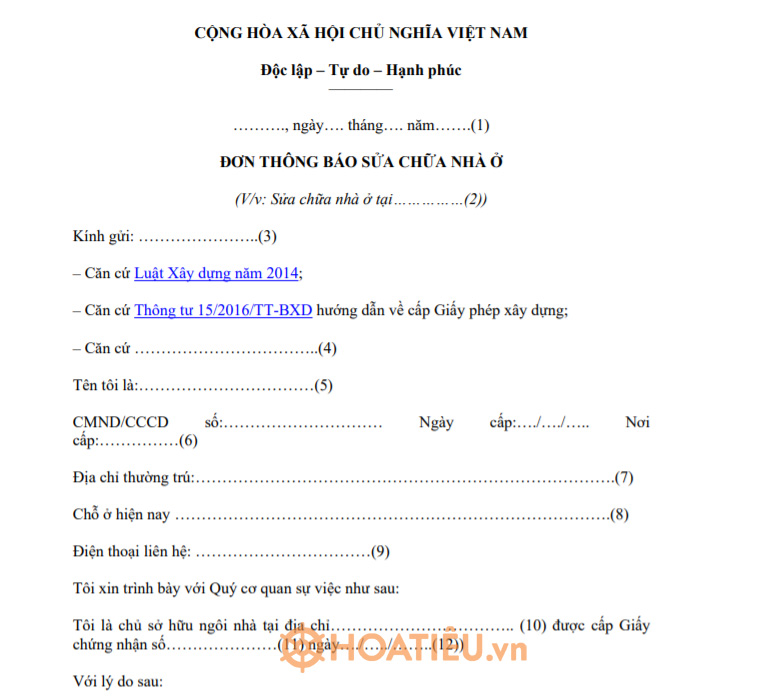 ẫu thông báo sửa chữa cải tạo nhà ở, công trình