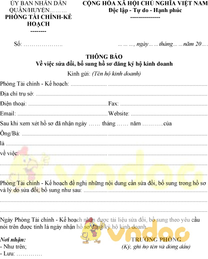 Mẫu thông báo sửa đổi, bổ sung hồ sơ đăng ký hộ kinh doanh