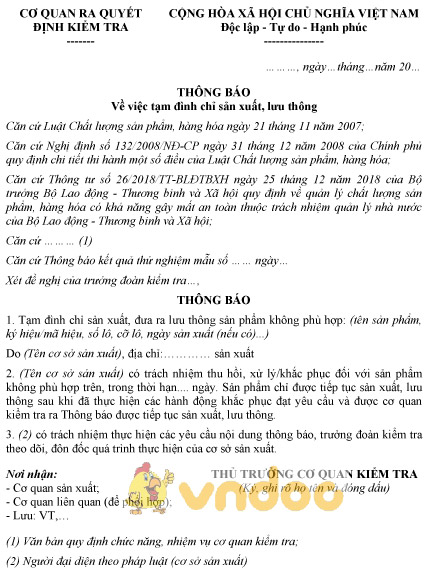 Mẫu thông báo tạm đình chỉ sản xuất, lưu thông