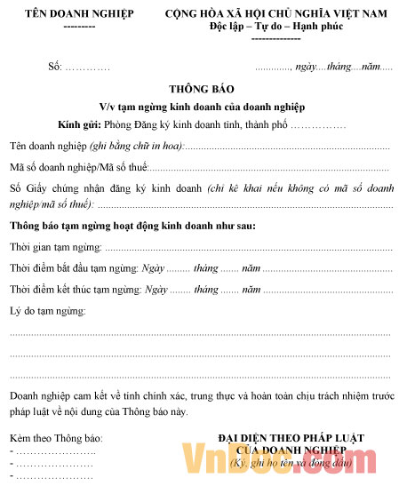 Mẫu thông báo tạm ngừng kinh doanh của doanh nghiệp