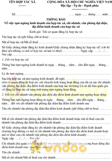 Mẫu thông báo tạm ngừng kinh doanh của hợp tác xã