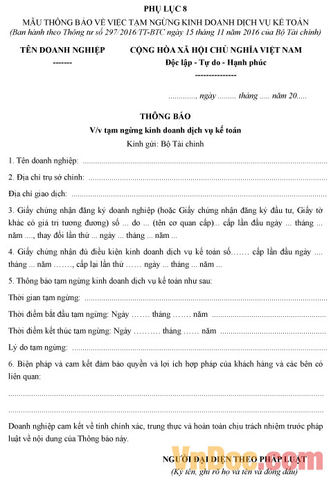 Mẫu thông báo tạm ngừng kinh doanh dịch vụ kế toán