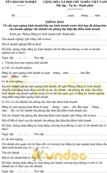 Mẫu thông báo tạm ngừng, tiếp tục kinh doanh trước thời hạn thông báo của doanh nghiệp