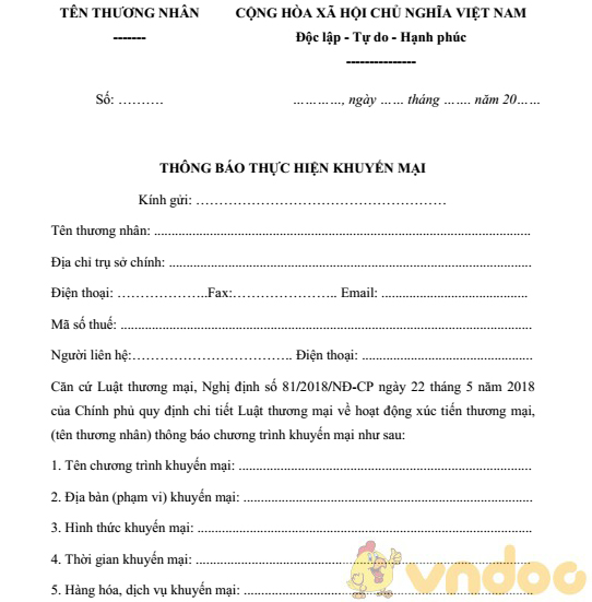 Mẫu thông báo thực hiện khuyến mại