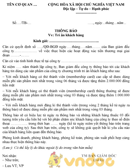 Mẫu thông báo tri ân khách hàng