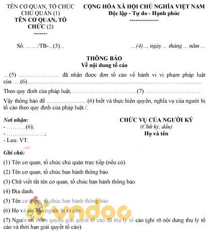 Mẫu thông báo về nội dung tố cáo