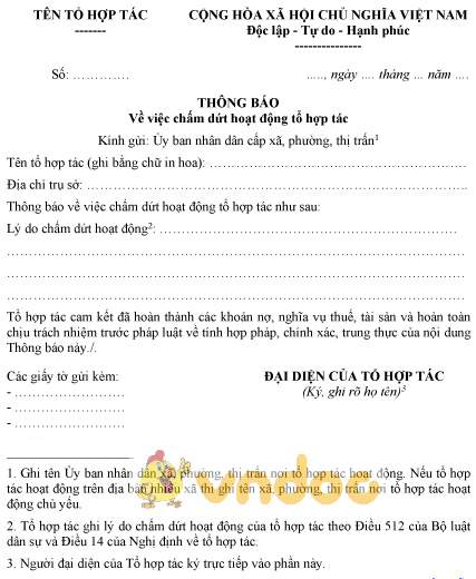 Mẫu thông báo về việc chấm dứt tổ hợp tác