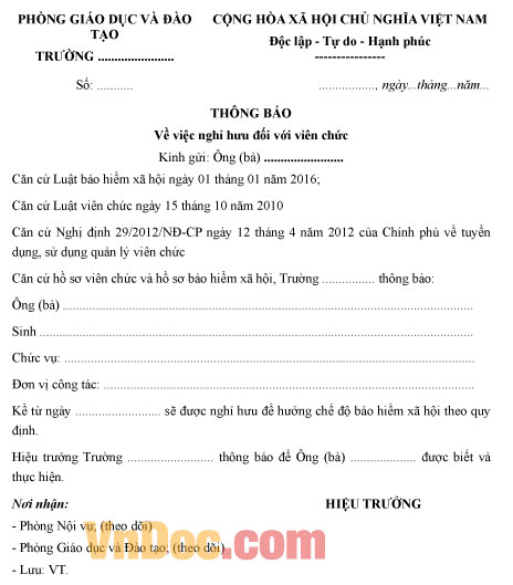 Mẫu thông báo về việc nghỉ hưu đối với viên chức