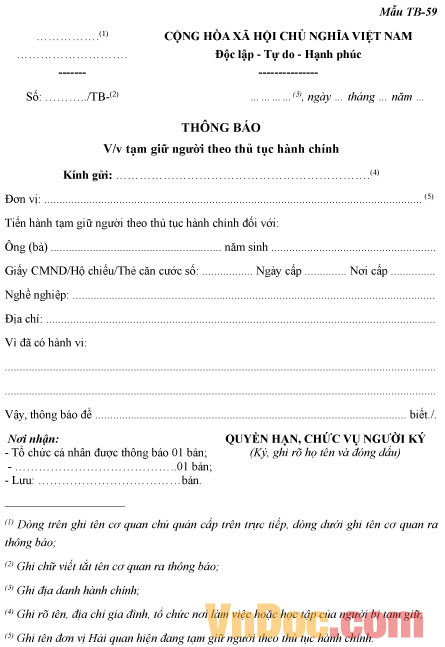 Mẫu thông báo về việc tạm giữ người theo thủ tục hành chính