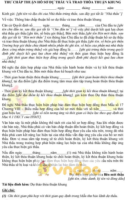 Mẫu thư chấp thuận hồ sơ dự thầu và trao thỏa thuận khung