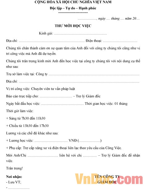 Mẫu thư mời học việc