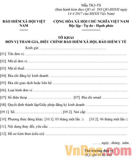 Tờ khai đơn vị tham gia, điều chỉnh BHXH, BHYT - Mẫu TK3-TS