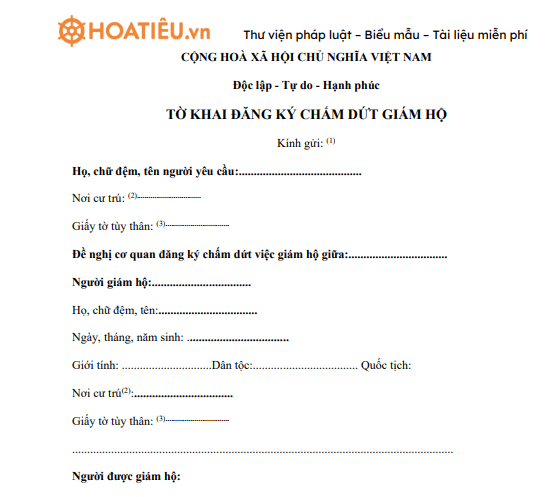 Mẫu tờ khai đăng ký chấm dứt giám hộ
