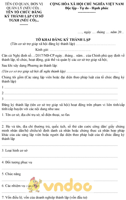 Mẫu tờ khai đăng ký thành lập cơ sở trợ giúp xã hội ngoài công lập