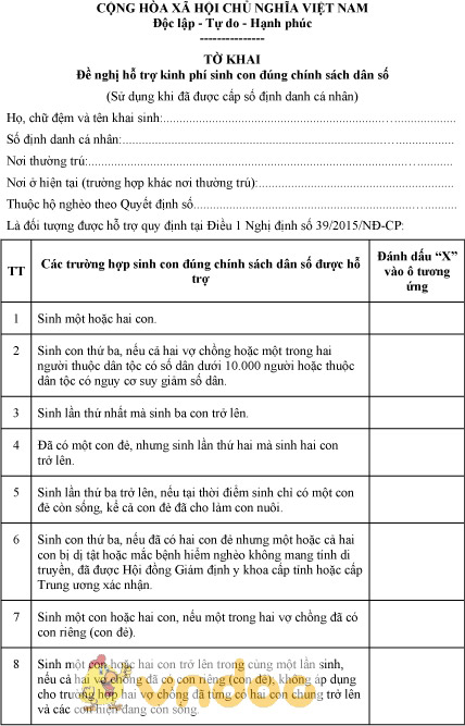 Mẫu tờ khai đề nghị hỗ trợ kinh phí sinh con đúng chính sách dân số đã có số định danh cá nhân