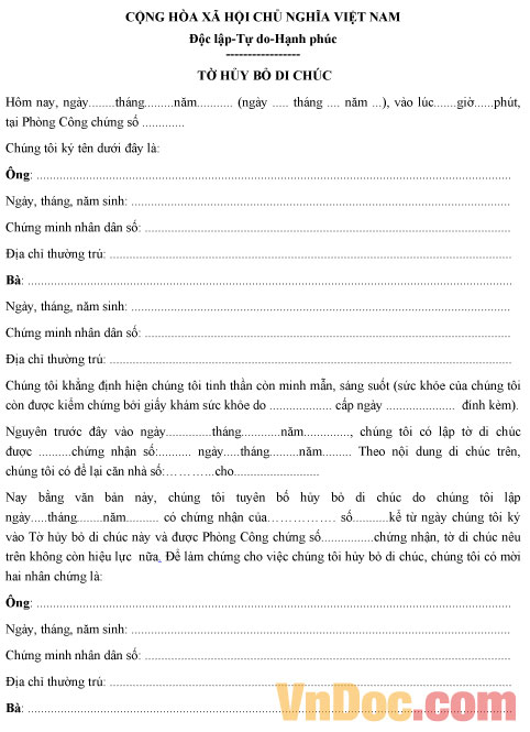 Mẫu tờ khai hủy bỏ di chúc