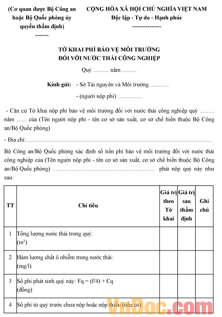 Mẫu tờ khai phí bảo vệ môi trường đối với nước thải công nghiệp