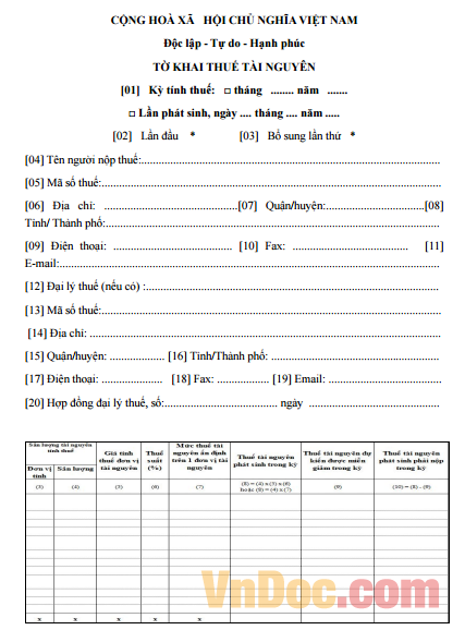 Tờ khai thuế tài nguyên theo mẫu số 01/TAIN