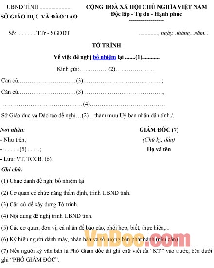 Mẫu tờ trình đề nghị về việc bổ nhiệm lại hiệu trưởng