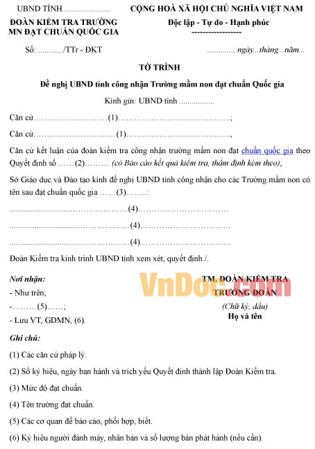 Mẫu tờ trình về việc đề nghị UBND tỉnh công nhận trường mầm non đạt chuẩn quốc gia