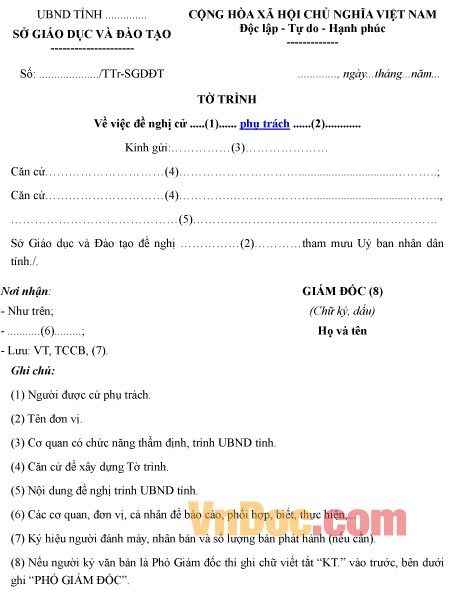Mẫu tờ trình đề nghị về việc cử cán bộ phụ trách trường