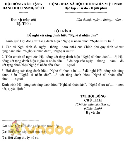 Mẫu tờ trình đề nghị xét tặng danh hiệu “Nghệ sĩ nhân dân”
