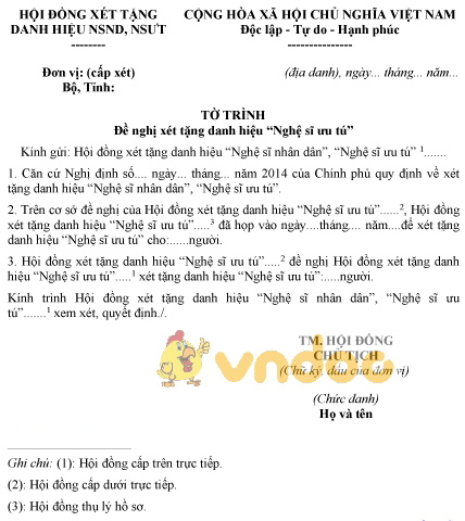 Mẫu tờ trình đề nghị xét tặng danh hiệu “Nghệ sĩ ưu tú”