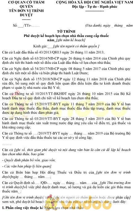 Mẫu tờ trình phê duyệt kế hoạch lựa chọn nhà thầu cung cấp thuốc