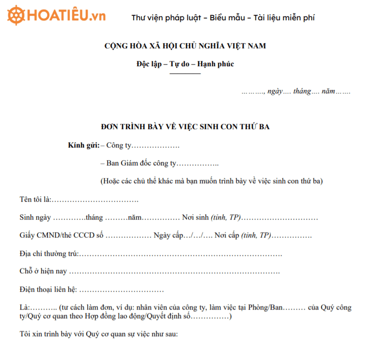Mẫu tờ trình về việc sinh con thứ ba